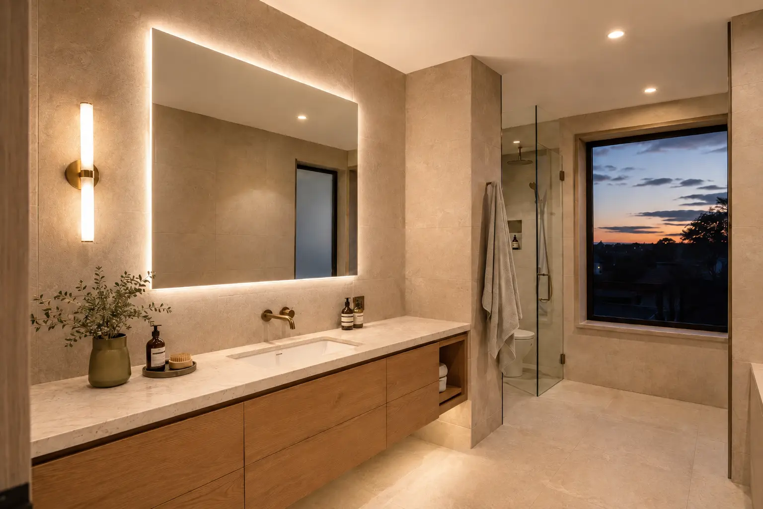 Backlit mirror above a vanity with additional wall and ceiling lighting